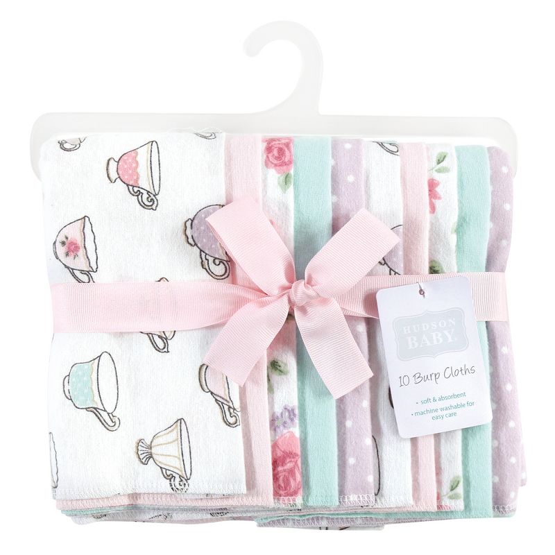 Hudson Baby Infant Girl Cotton Flannel Burp Cloths, Tea Party, One Size, 2 of 8