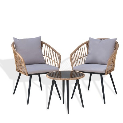 3 Piece Patio Bistro Set, Outdoor Wicker Apartment Balcony Furniture Sets, Rattan Table and Chairs Set of 2 for Porch Backyard Lawn Poolside Deck