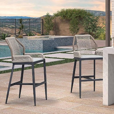 PURPLE LEAF 2 Pieces Bar Stools Patio Modern Rattan Barstools Aluminum Woven Tall Bar Chairs with Cushions for Outdoor Kitchen Island Garden