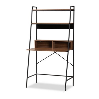 Palmira Wood and Metal Desk with Shelves Walnut Brown/Black - Baxton Studio: Compact Writing & Ladder Style Desk