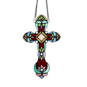 Chloe Lighting Cross Victorian Tiffany-Style Stained Glass Window Panel 13" Tall - 1 of 4