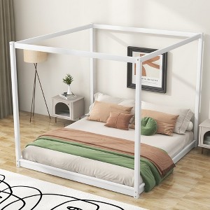 King Size Bed Frame, Modern Wooden Canopy Bed Frame with Low Base Support Legs, King Size Canopy Bed for Kids Teens, No Box Spring Needed White - 1 of 4