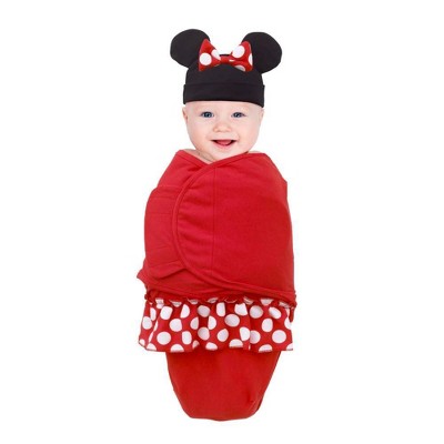 Disney Minnie Mouse Swaddle Wrap Baby Blanket with Minnie Ears and Bow Beanie
