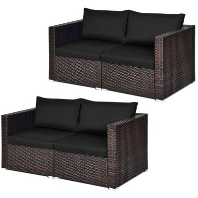 Tangkula 4PCS Rattan Corner Sofa Set Patio Outdoor Furniture Set w/ Black Cushions