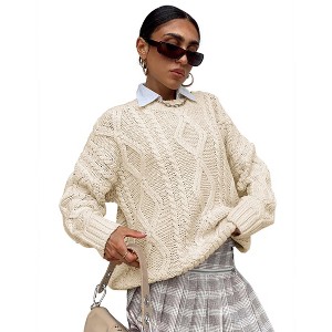 Casual Women Long Sleeve Sweater Fall Ribbed Knit Pullover Loose Crewneck Cable Sweater Jumper Tops - 1 of 4