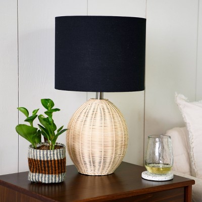 Natural Woven Rattan Table Lamp with Black Linen Shade