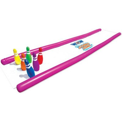 WOW Watersports 25 Foot Long Inflatable Strike Zone Outdoor Waterslide with Slippery Embossed PVC, Built In Sprinklers, 2 Sleds, and 6 Bowling Pins