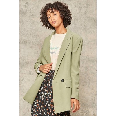 Slickblue Solid Woven Blazer for Women, Notched Lapel, Padded Shoulder, Double Breasted, Pesto Color, S to L