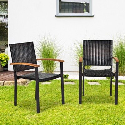 Rustic Wicker Dining Armchair with Cushions and Acacia Wood Armrests