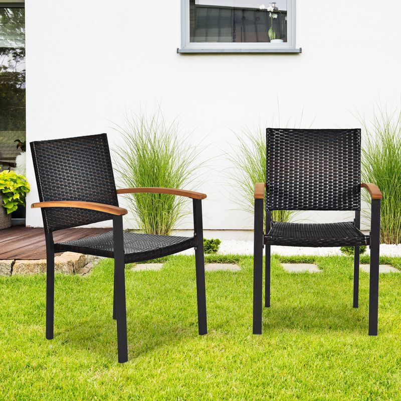 Tangkula Patio Rattan Dining Armchair 4 Set of Wicker Chair W/Steel Frame Acacia Armrests Indoor&Outdoor, 4 of 11