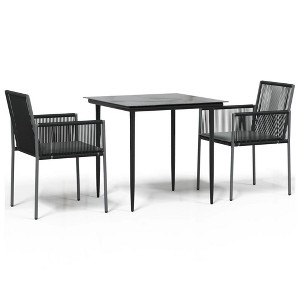 vidaXL 3 Piece Patio Dining Set - Poly Rattan and Steel Construction - Black with Comfortable Armrest Chairs and a Tempered Glass Tabletop - 1 of 4