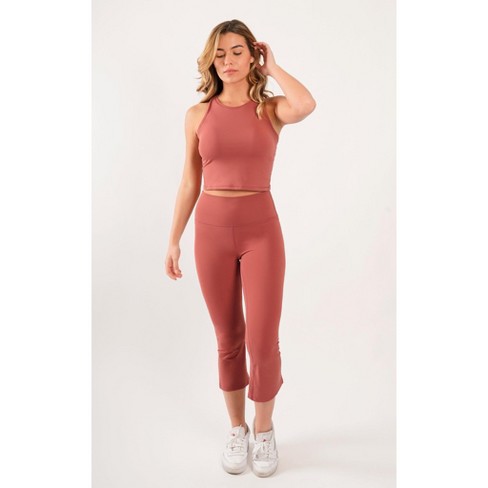 Yogalicious - Women's Nude Tech Elastic Free High Waist Flare Yoga Capri  With Front Splits - Terracotta - Large : Target