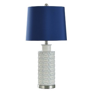 StyleCraft Ceramic and Steel Table Lamp Cream Finish with Blue Shade : UL Listed, Polyester Drum Shade, No Assembly Required - 1 of 4