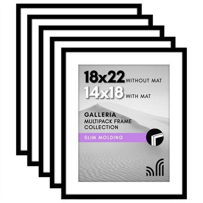Americanflat 18x22 Picture Frame with Polished Plexiglass - Set of 5 - Use as 14x18 with Mat or 18x22 Without Mat - Galleria Collection - Black
