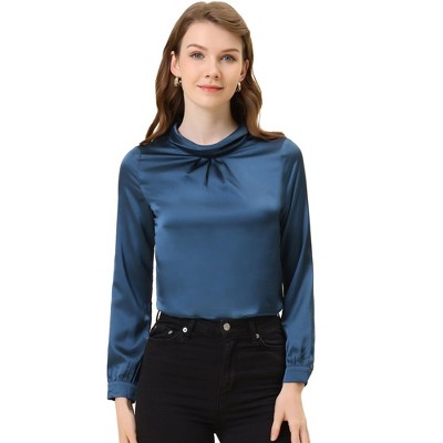 Allegra K Women's Ruched Long Sleeve Office Work Satin Blouses Blue ...