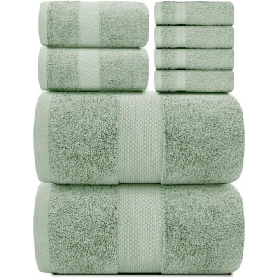 BRINJOY Luxury Bath Towel Set of 8 - 100% Turkish Cotton Highly Absorbent, 2 Luxury Bath Towels 700GSM, 2 Hand Towels, 4 Washcloths, Green