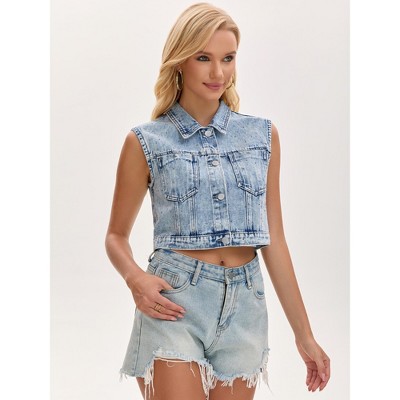 INSPIRE CHIC Women's Turndown Collar Denim Button Down Rhinestones Sleeveless Cropped Jean Jacket XX-Large Light Blue — фото 2