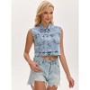 INSPIRE CHIC Women's Turndown Collar Denim Button Down Rhinestones Sleeveless Cropped Jean Jacket - 2 of 4