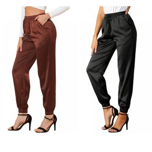 Allegra K Women's Drawstring Elastic Waist Ankle Length Satin Joggers with Pocket 2 Pcs - 1 of 4