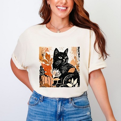 Simply Sage Market Black Cat Fall Leaves Distressed Garment Dyed Tee