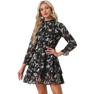 Allegra K Women's Floral Long Sleeve Mock Neck Ruffle Layered Smocked Mini Dress - 1 of 4