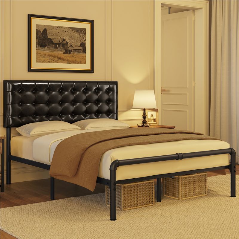 Yaheetech Metal Platform Bed Frame with Square Tufted Faux Leather Upholstered Headboard, 3 of 9