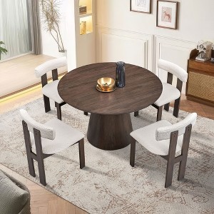 5 PCS Wooden Dining Table Set Dining Set with 4 Boucle Upholstered Dining Chairs&Rubber Wood Round Kitchen Table, Brown/Walnut -ModernLuxe - 1 of 4