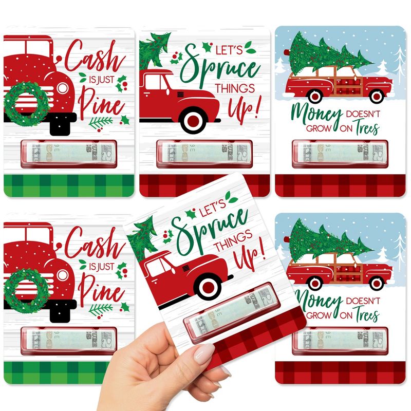 Big Dot of Happiness Merry Little Christmas Tree - DIY Assorted Red Truck and Car Christmas Party Cash Holder Gift - Funny Money Cards - Set of 6, 1 of 9