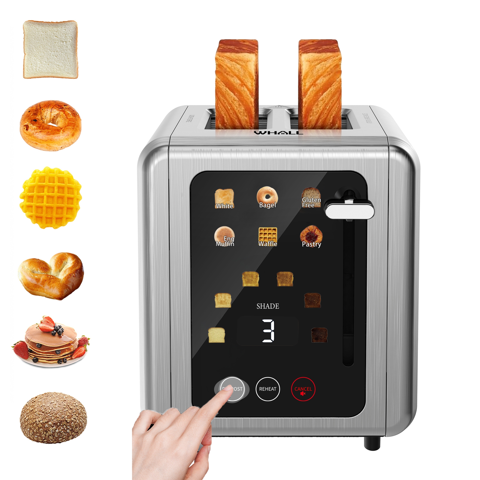 WHALL 2 Slice Smart Toaster - Stainless Steel with TouchScreen & Wide Slots, Perfect for Bagel, Reheat, Defrost, Ideal for Home & Kitchen, Mattesilver