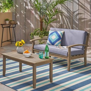 Peyton 2pc Acacia Wood Loveseat and Coffee Table Set: Weather-Resistant, Polyester Cushions - Christopher Knight Home - 1 of 4