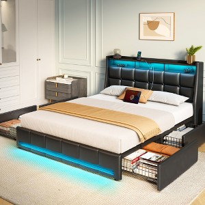 Greenstell  Bed Frame with Upholstered Storage Headboard & Drawers and Charging Station, Wood - 1 of 4