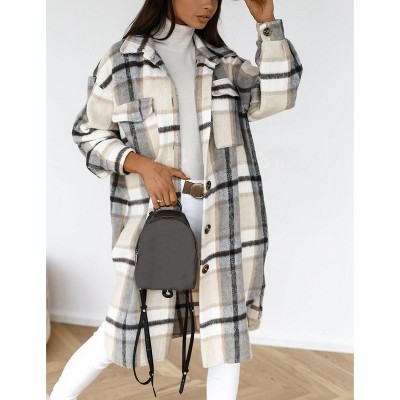 Women's Long Sleeve Checkered Tweed Coat with Button Down Collar Casual Open Front Outerwear with Pockets