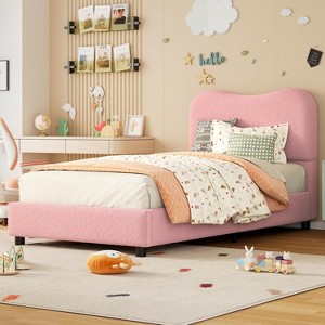 Pink/Blue/White Bed Frame with Upholstered Headboard, Low Profile, Sturdy Platform, Noise Free - 1 of 4