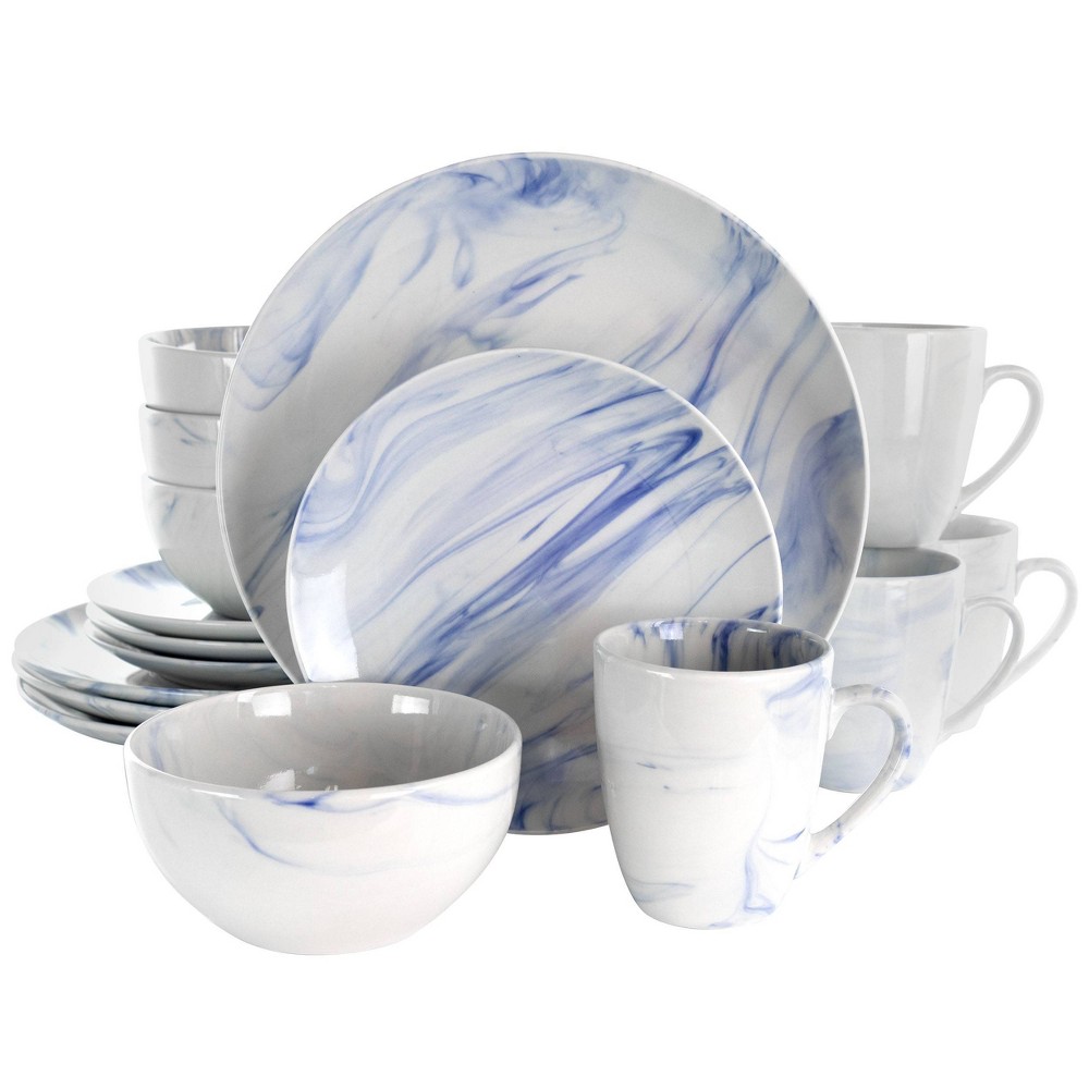 Photos - Glass Elama 16pc Stoneware Fine Marble Dinnerware Set Blue/White Blue/White: Microwave & Dishwasher Safe, Service for 4