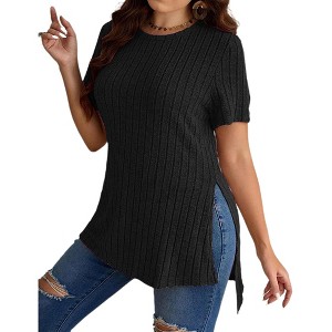 Women's Plus Size Tops Crew Neck Short Sleeve Split Hem Tee Shirt Casual Summer Ribbed Knit Blouses - 1 of 4