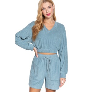 Slickblue Women's Comfy V-Neck Long Sleeve Terry Toweling Top with Elastic Hem - Color and Size Options - 1 of 4