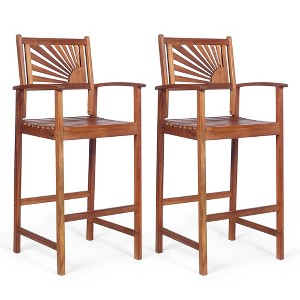 Costway Set of 2 Bar Stools 29inch Acacia Wood Pub Chairs Outdoor w/ Armrests - 1 of 4