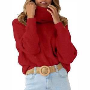 Womens Pullover Turtleneck Sweater Ribbed Knit Sweater Long Sleeve Chunky Sweater Loose Fit Knitwear Pullover Jumper Tops - 1 of 4