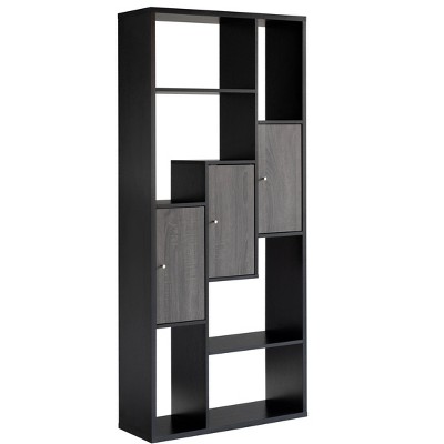 Vynxaria Bookcase Display Storage Cabinet 7 Multi-Level Open Shelves, 3 Cabinets, Metal Knob Handles, 10lb/Shelf Max Wt, Black & Distressed Grey