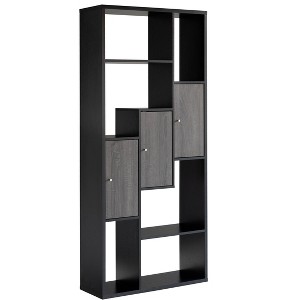 Vynxaria Bookcase Display Storage Cabinet 7 Multi-Level Open Shelves, 3 Cabinets, Metal Knob Handles, 10lb/Shelf Max Wt, Black & Distressed Grey - 1 of 4