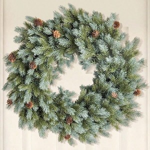 24 Inch Artificial Wreath with Pine Cones for Front Door Holiday Decor Green Faux Indoor Outdoor Use 12 Cones - 1 of 4