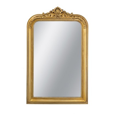 JUJABU 23.5x37.5" Decorative Arched Wall Mirror with Ornate Gold Crest Design