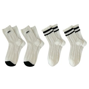 Anna-Kaci 4 Pairs Women's Crew Socks with Black and White Patterns Soft Cotton Texture Heart and Stripe for Flats and Dress Shoes - 1 of 4