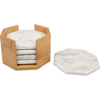 White Carrara Marble Coasters with Bamboo Holder - Set of 5