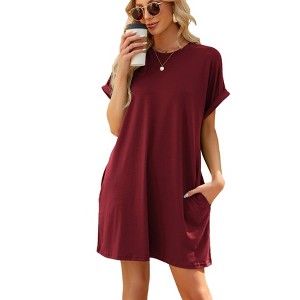 BLUEMING Womens T Shirt Dresses Crew Neck Mini Dresses Casual Short Sleeve Loose Flowy Dress with Pockets - 1 of 4