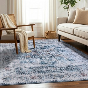 Delara Machine Washable Area Rug, Soft & Durable, Non-Slip Rug for High Traffic Areas, Blue/Coral - 1 of 4