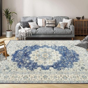 Washable Vintage Print Rug, Non-Slip Ultra-Thin Low-Pile Indoor Carpet for Living, Bedroom, and Dining Rooms, 8'x10', Blue - 1 of 4
