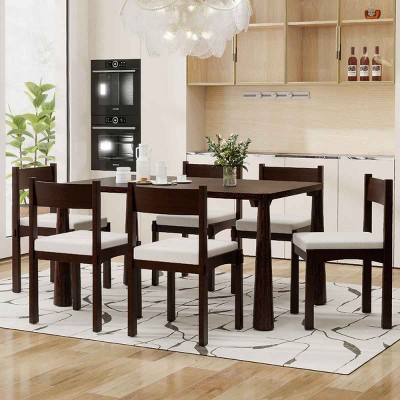 7 PCS Retro Dining Set for Kitchen, Rectangular Table with MDF Top, Upholstered Chairs with Rubberwood Frame and Cushions-Coolbibila