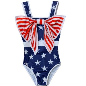 Star-Spangled Bowtastic One Piece Swimsuit Mia Belle Girls - 1 of 4
