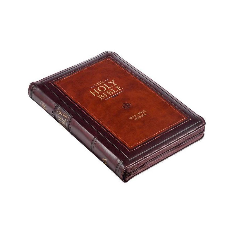 KJV Holy Bible, Compact Faux Leather Red Letter Edition - Ribbon Marker, King James Version, Burgundy/Saddle Tan, Zipper Closure - (Leather Bound), 1 of 2